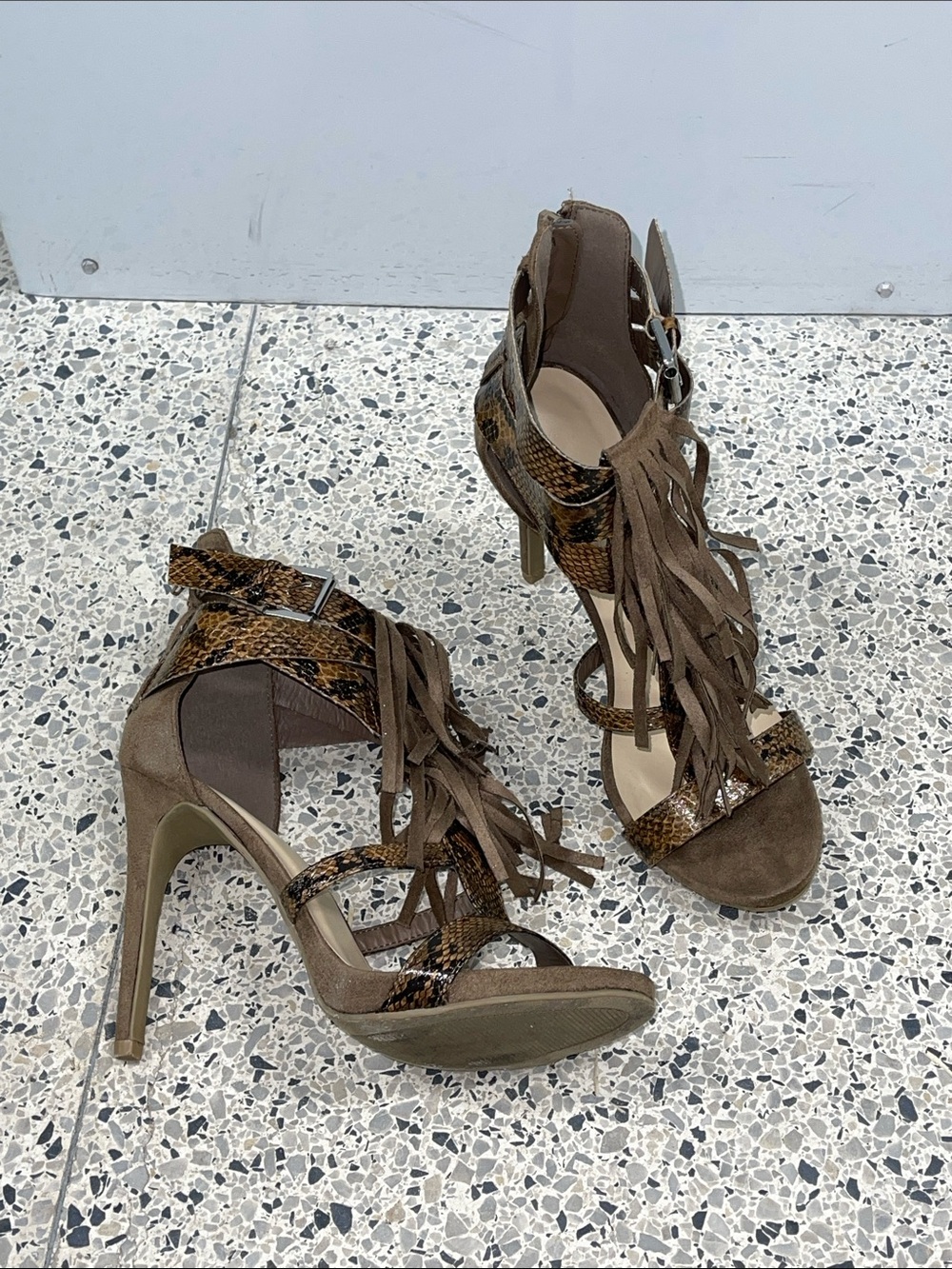 Stylish Brown Fringe Snake-Print High Heel Sandals